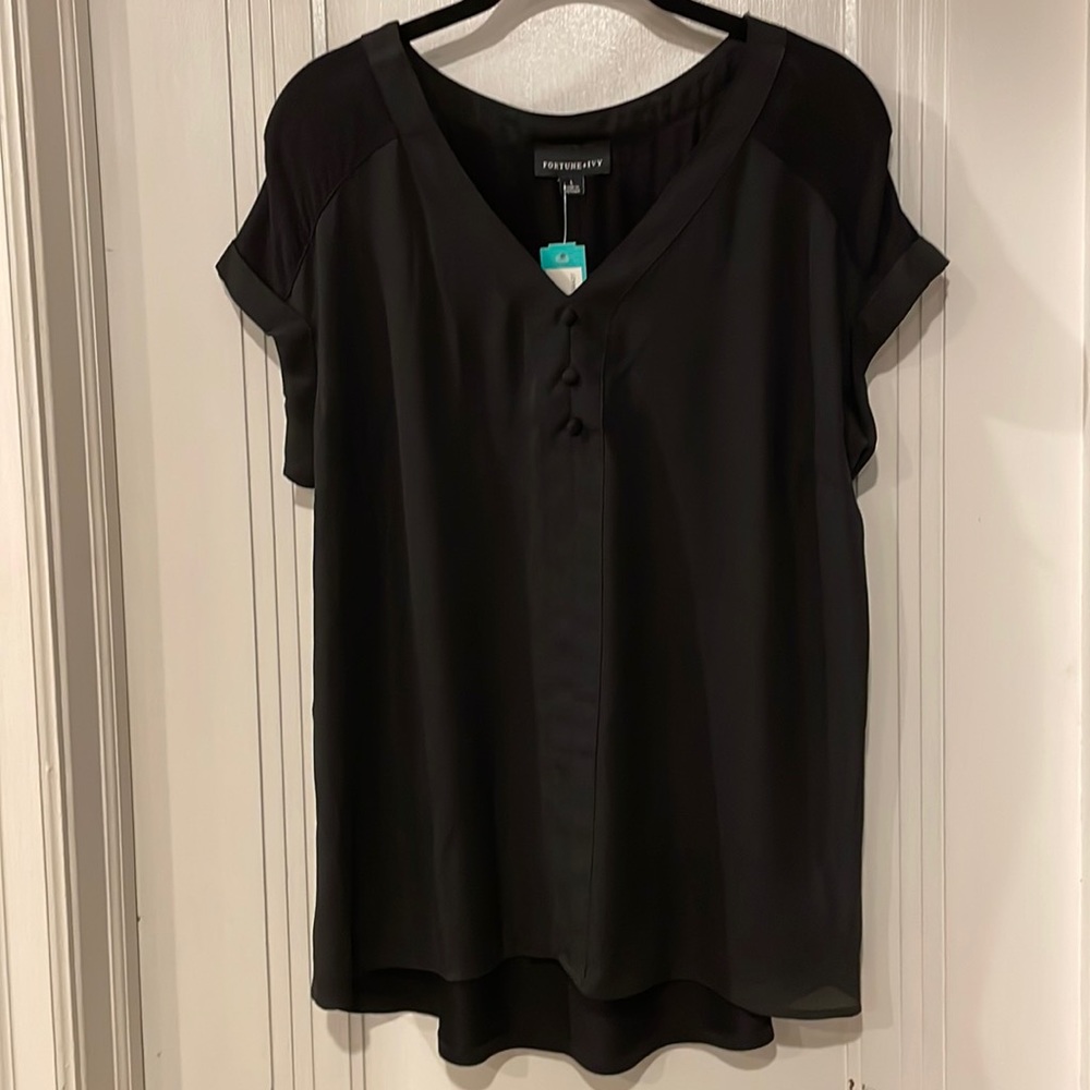 FORTUNE + IVY Helina Mixed Material Blouse, size L, black